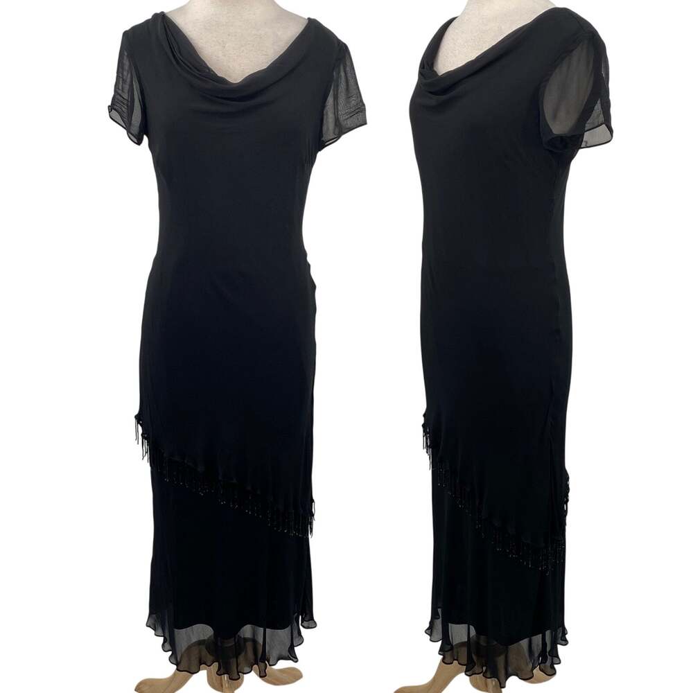 Vintage 90s Cowl Neck Bias Cut Beaded Fringe Gown Tiered Slinky Black Womens 8